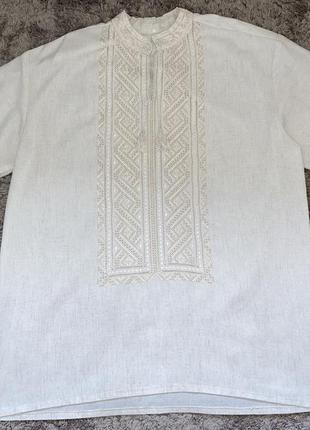 Мужская рубашка с вышивкой, вышиванка белой по белому, короткий рукав ручная работа.1 фото