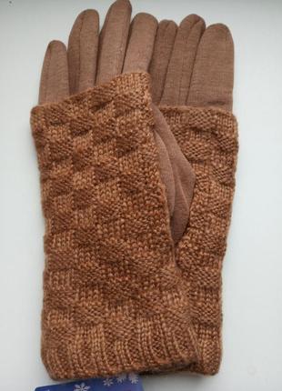 Жіночі рукавички з в'язаної накладкою гірчично-бежевого кольору розмір uni