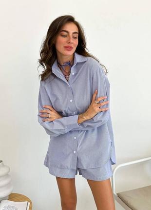 Костюм женский летний из натуральной ткани хлопка хлопковый рубашка и + шорты в полоску белый синий голубой4 фото