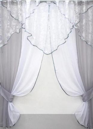 Розкішні шторки на кухню, балкон (270х170см) з ламбрекеном та підв'язками. колір сірий з білим