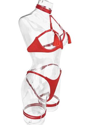 Сексуальное женское белье комплект красный с кисточками открыто с доступом