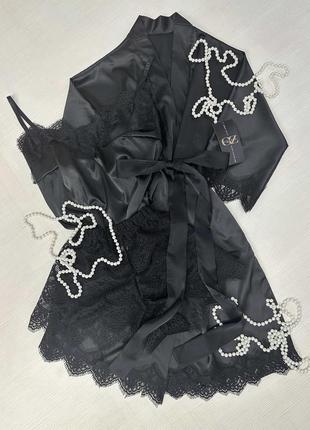 Шелковый домашний комплект шортики+майка+халат шелк с кружевом тройка