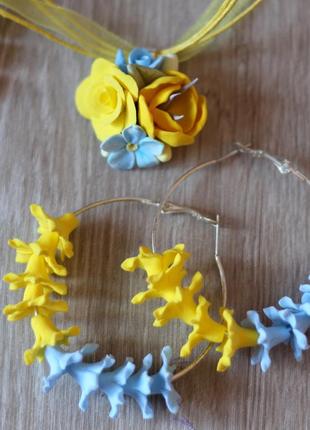 Желто-голубой набор украшений ручной работы "стефанотисы с розами" серьги кольца+кулон