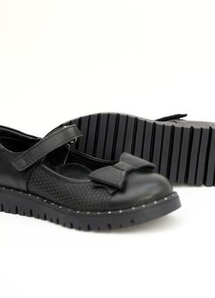 Черные кожаные туфли с бантиком на липучке4 фото