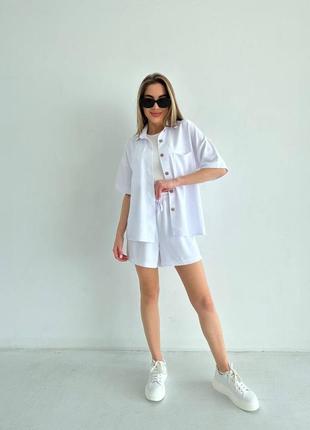Літній легкий костюм жіночий двійка шорти та сорочка білий льон