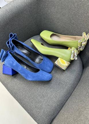 Эксклюзивные туфли из итальянской кожи и замши женские на каблуке с бантиком8 фото