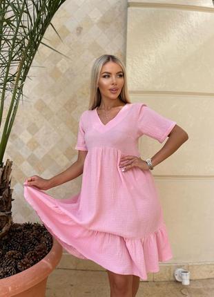 Платье летние миди розовое муслин жатка 42-46, 48-528 фото