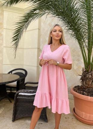 Платье летние миди розовое муслин жатка 42-46, 48-527 фото