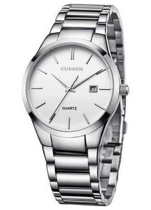 Мужские классические часы curren 8106 серебристые с белым циферблатом