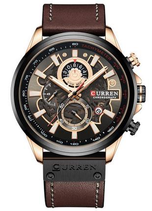Мужские классические часы curren 8380 золотистые с чёрным, коричневый ремешок