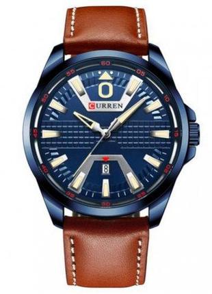 Мужские классические часы curren 8379 синие, коричневый ремешок