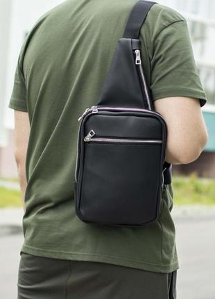 Чоловіча нагрудна однолямкова сумка слінг liverpool якісна крос боді через плече з екошкіри чорна