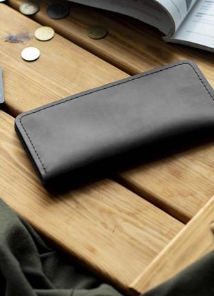 Чоловічий класичний шкіряний портмоне на кнопці wow-2 гаманець ручної роботи з відділом для карт чорний10 фото