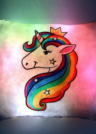 Подушка-ночник "unicorn" - ночник в детскую комнату подарок для девочки мягкая игрушка из ткани габардин2 фото