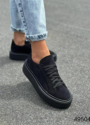 Жіночі натуральні замшеві кеди чорного кольору, замшеві кросівки на шнурівці6 фото