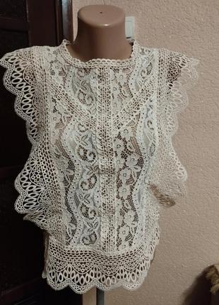 Оригинальная нарядная женская блуза из кружева летняя, светлый беж,размер xs(24) на 40-42размер zara