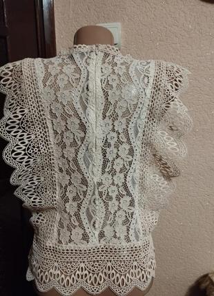 Оригинальная нарядная женская блуза из кружева летняя, светлый беж,размер xs(24) на 40-42размер zara2 фото
