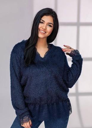 Женскмй свитер с кружевами ангора отличное качество размеры батал9 фото