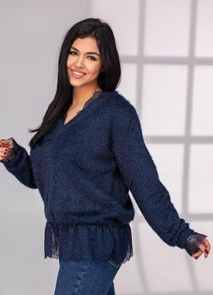 Женскмй свитер с кружевами ангора отличное качество размеры батал8 фото