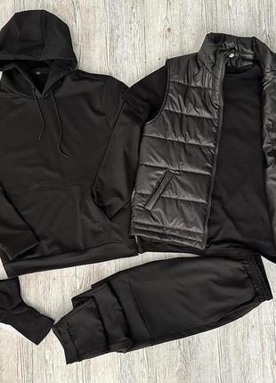 Демісезонний базовий спортивний костюм чорний худі + штани (двонитка) + футболка базова однотонна чорна +