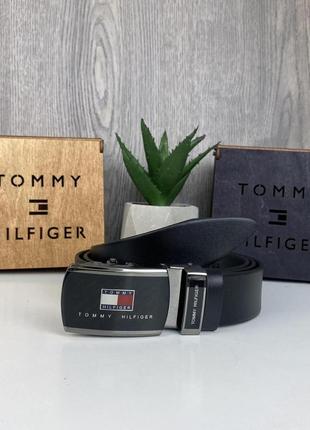 Мужской кожаный ремень автомат стиле tommy hilfiger, пояс из натуральной кожи томми черный1 фото