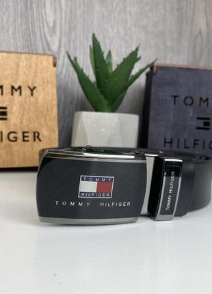 Мужской кожаный ремень автомат стиле tommy hilfiger, пояс из натуральной кожи томми черный