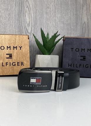 Мужской кожаный ремень автомат стиле tommy hilfiger, пояс из натуральной кожи томми черный
