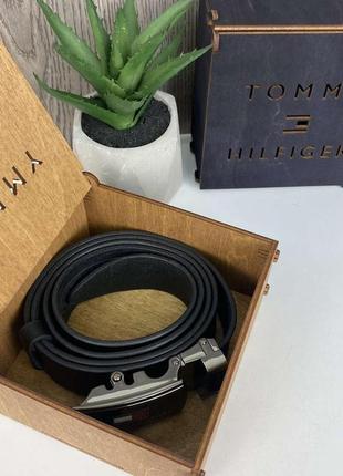 Мужской кожаный ремень автомат стиле tommy hilfiger, пояс из натуральной кожи томми черный