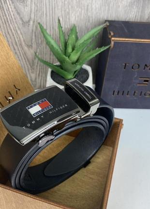 Мужской кожаный ремень автомат стиле tommy hilfiger, пояс из натуральной кожи томми черный