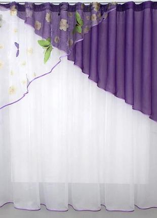 Розкішна гардина на кухню, балкон (270х170см) з ламбрекеном. колір фіолетовий з білим