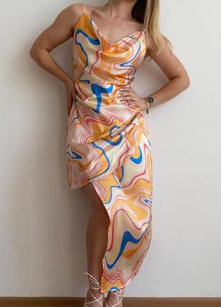 Асимметричное атласное платье shein в интересный принт3 фото