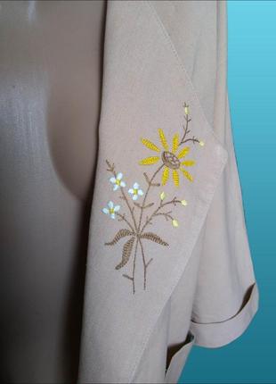 Бежевый коттоновый летний жакет пиджак оверсайз с вышивкой/кардиган с 3/4 рукавами однотонный5 фото