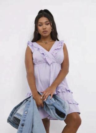 Натуральное льняное ярусное платье с оборками без рукавов с треугольным вырезом от simolv be3 фото