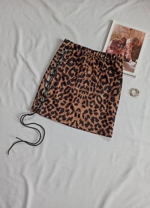 Леопардовая юбка мини со шнуровкой сбоку/с завязками2 фото