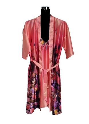 Шелковый комплект халат с ночной рубашкой 3d цветочный принт3 фото