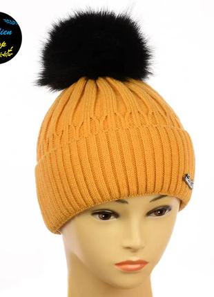 ● женская шапка с песцовым помпоном - софи - оранжевый ●