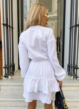 Женское короткое платье белое базовое легкое натуральное свободное муслин5 фото