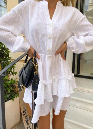 Женское короткое платье белое базовое легкое натуральное свободное муслин7 фото