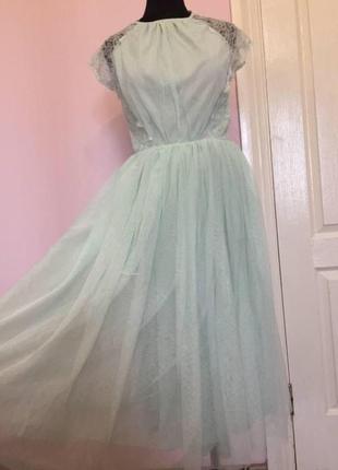 Платье миди для выпускного из кружевного тюля asos, фатин, мятный цвет, открытая спина9 фото