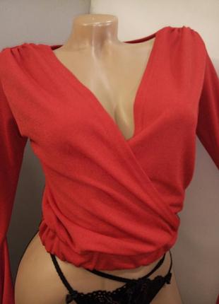 Укороченная кофта блуза на запах с расклешенными рукавами3 фото