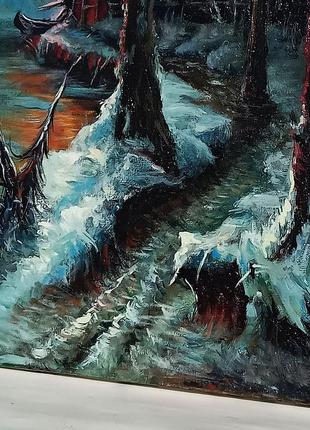 Картина маслом. зимовий пейзаж з річкою та будинками. живопис6 фото