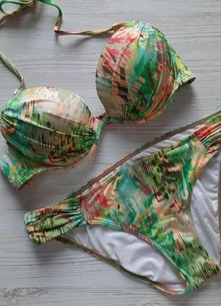 Зелений купальник victoria's secret 34с м 75с 80в бірюзовий з тропічним принтом яскравий без пушапу