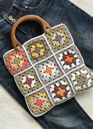 Сумка кольорова жіноча "бабусин квадрат",стильна модна літня еко-сумка, ручна робота, бавовняний шнур, ручки дерево