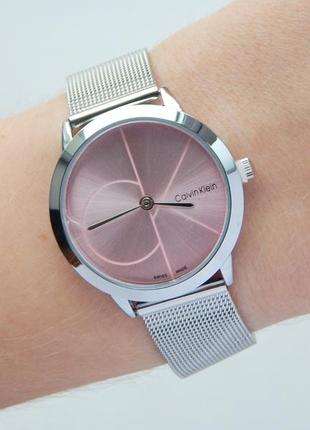Файний жіночий годинник сріблястого кольору з рожевим циферблатом, кольчужний  ремінець2 фото