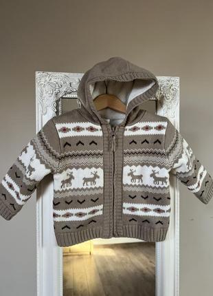 Светр з оленями 18м дитячий бежевий светр з оленями зимовий светр на блискавку з капюшоном утеплений