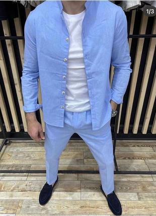 Брючный костюм мужской летний осенний базовый на лето осень льняной деловой бежевый голубой зеленый черный серый брюки рубашка батал4 фото