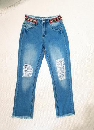 Джинсы мом высокая посадка,рваные джинсы mrp с бахромой2 фото