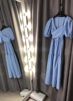 Голубое поплиновое платье миди с поясом stradivarius6 фото