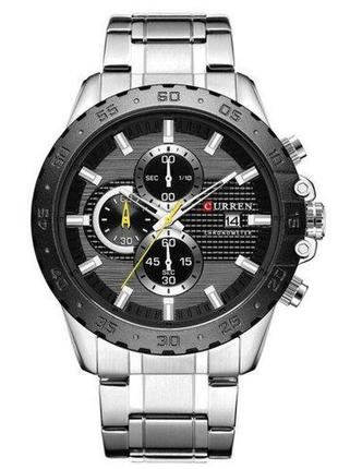 Мужские классические часы curren 8334 серебристые с чёрным циферблатом