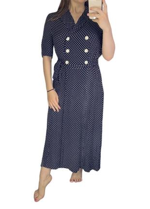 Платье темно синее длинное макси в горох горошек с пуговицами крупными винтажных стиль ретро2 фото